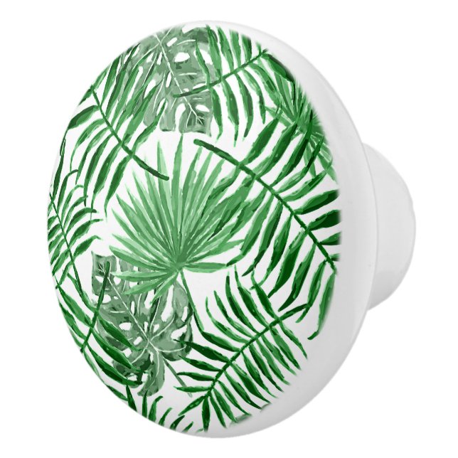 Tropical Green Palm Leaves Summer Watercolor Art Ceramic Knob (Right)