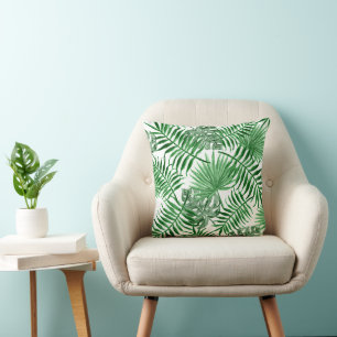 Tropical Green Palm Leaves Summer Watercolor Art Cushion