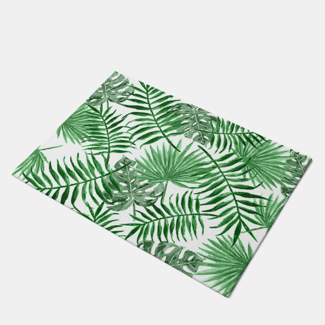 Tropical Green Palm Leaves Summer Watercolor Art Doormat (Angled)