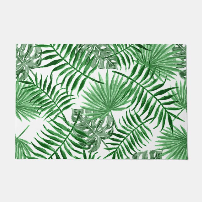 Tropical Green Palm Leaves Summer Watercolor Art Doormat (Front)
