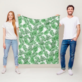 Tropical Green Palm Leaves Summer Watercolor Art Fleece Blanket