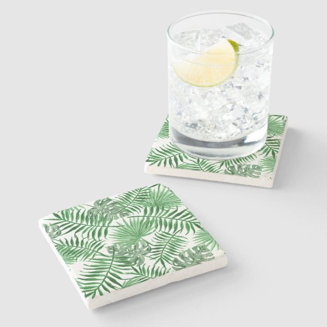 Tropical Green Palm Leaves Summer Watercolor Art Stone Coaster (Side)