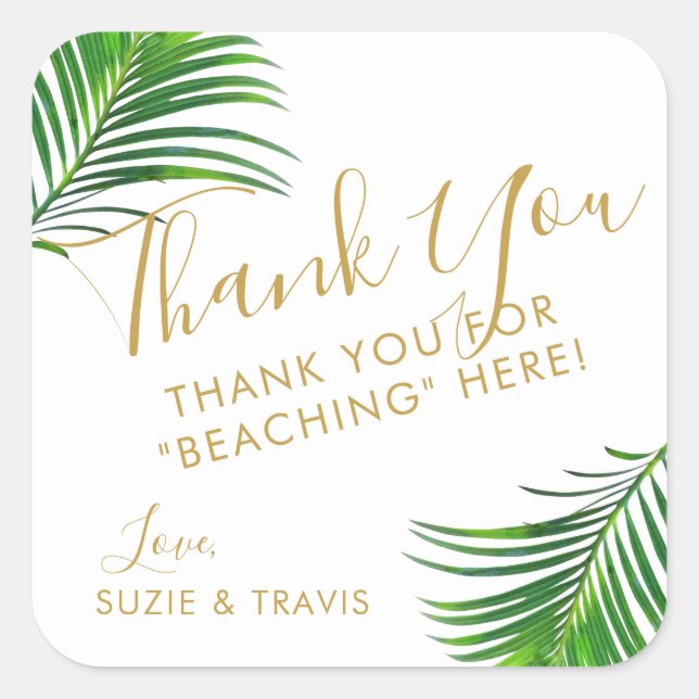 Tropical Green Palm Leaves Thank You Favour Square Sticker (Front)