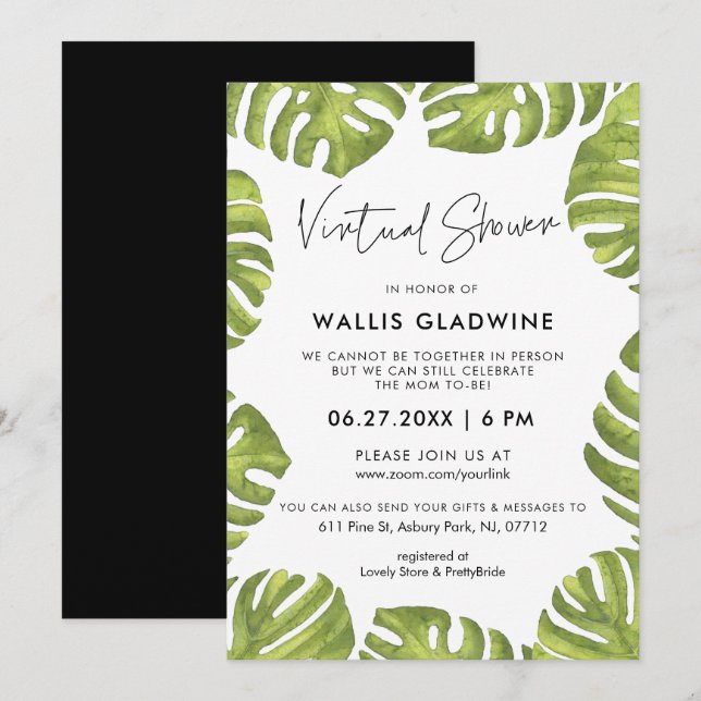 Tropical green palm leaves Virtual baby shower Invitation (Front/Back)