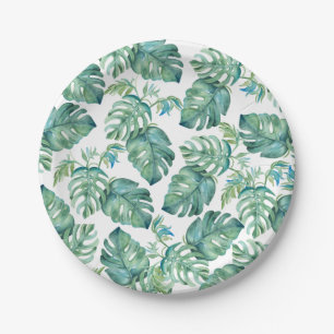 Tropical Green Palm Leaves Watercolor Picnic Paper Plate
