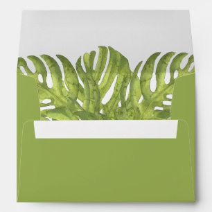 Tropical green palm leaves wedding envelope