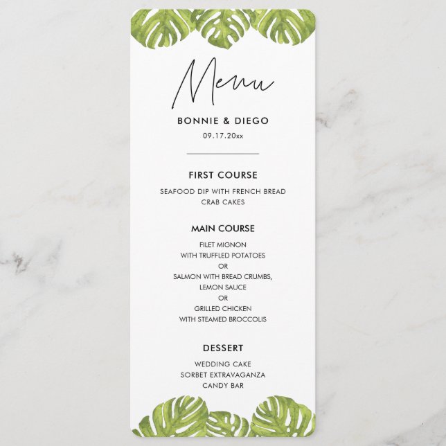 Tropical green palm leaves wedding menu (Front)