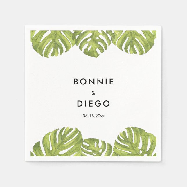 Tropical green palm leaves wedding napkin (Front)