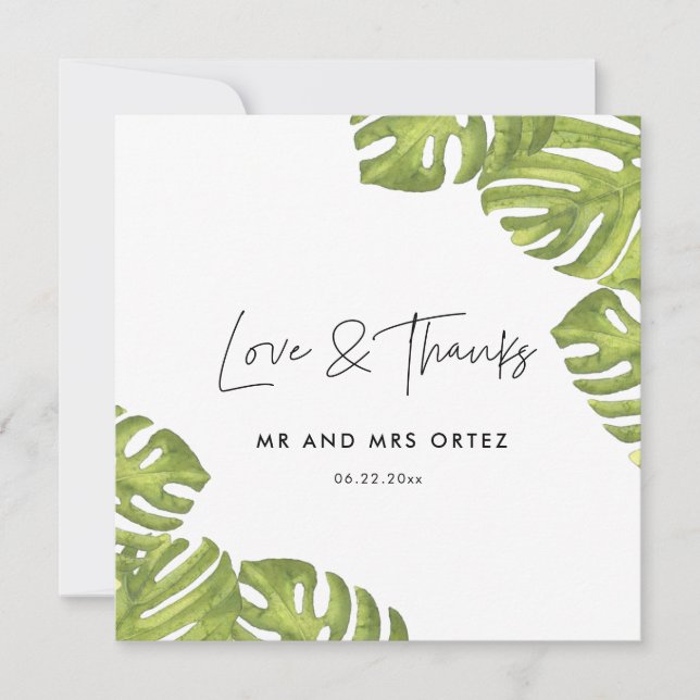 Tropical green palm leaves wedding thank you card (Front)