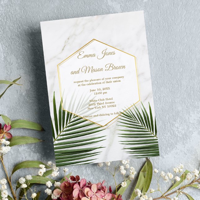 Tropical green palm tree white marble Wedding Invitation (Tropical green palm tree white marble Wedding)