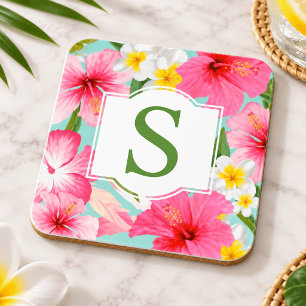 Tropical Green Pink Floral Custom Monogram Initial Coaster