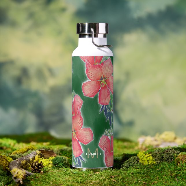 Tropical Green Pink Hibiscus Flower Painting Water Bottle (Outdoor)
