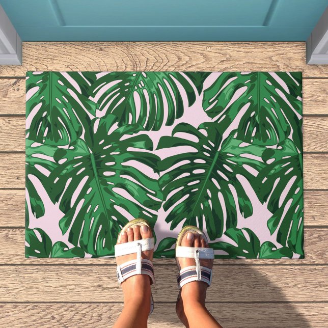 Tropical Green Pink Jungle Leaves Doormat (Doormat with green palm leaves on pale pink background)