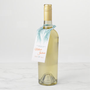 Tropical green pink palm frond watercolor wedding bottle tag