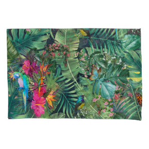 Tropical green plant leaves & Parrods Pillowcase
