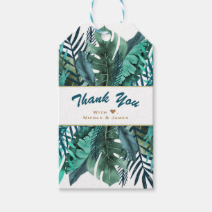 Tropical Green Teal Leaves Elegant White Wedding Gift Tags