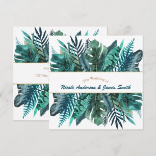 Tropical Green Teal Leaves Elegant White Wedding Invitation