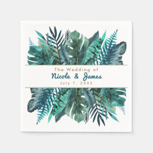 Tropical Green Teal Leaves Elegant White Wedding Napkin