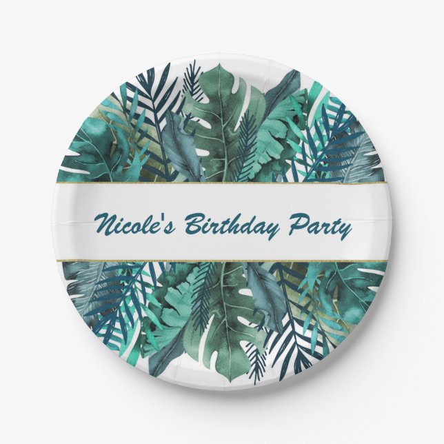 Tropical Green Teal Leaves Elegant White Wedding Paper Plate (Front)