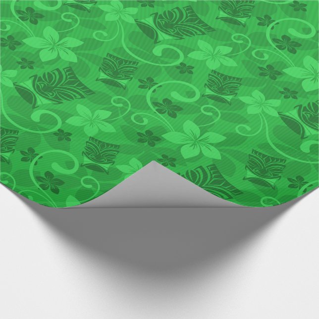 Tropical Green Tiki Masks Hawaiian Wrapping Paper (Corner)