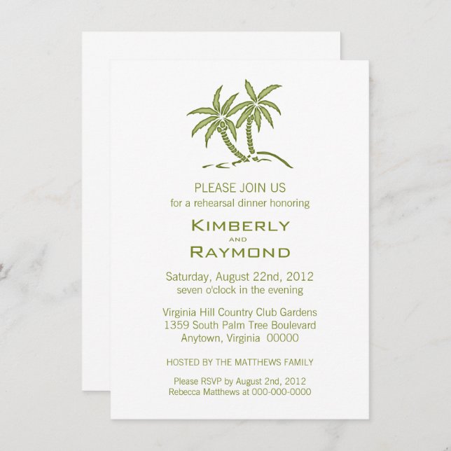Tropical Green Twin Palm Trees Rehearsal Dinner Invitation (Front/Back)