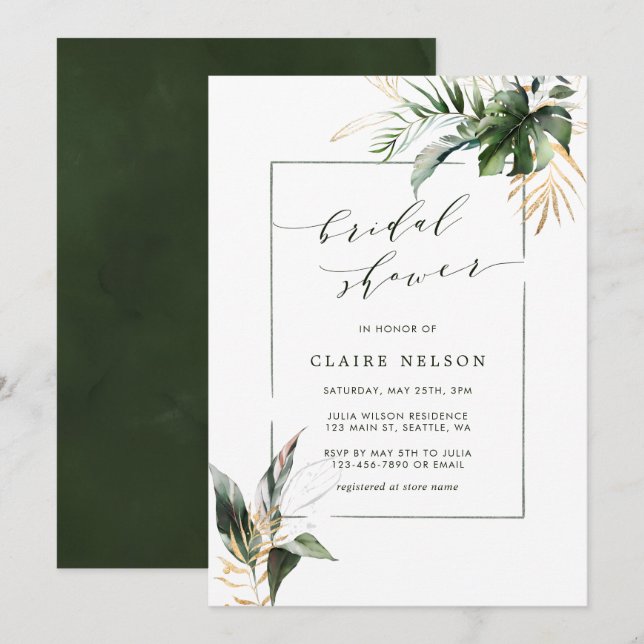 Tropical Green Watercolor Leaves Bridal Shower Invitation (Front/Back)