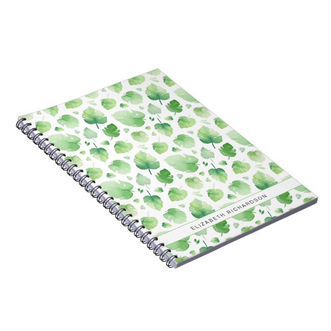 Tropical Green Watercolor Leaves Name Notebook (Right Side)