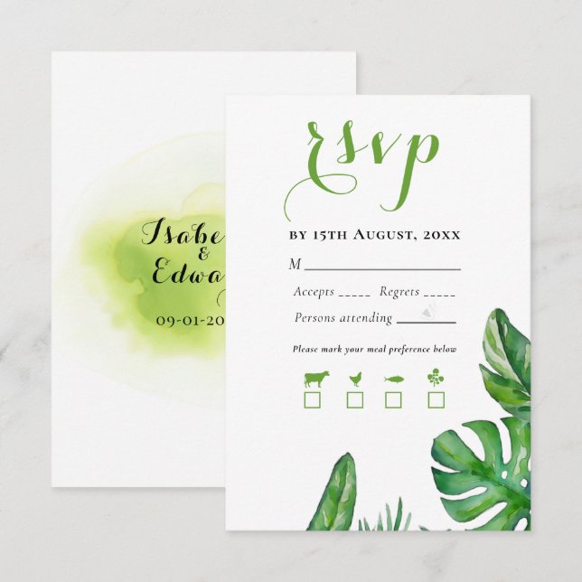 Tropical Green Watercolor Monstera Leaves RSVP Card (Front/Back)