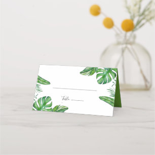 Tropical Green Watercolor Monstera Leaves Wedding  Place Card