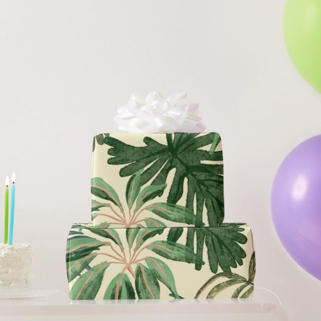Tropical Green Watercolor Monstera & Palm Leaves Wrapping Paper (Party Gifts)