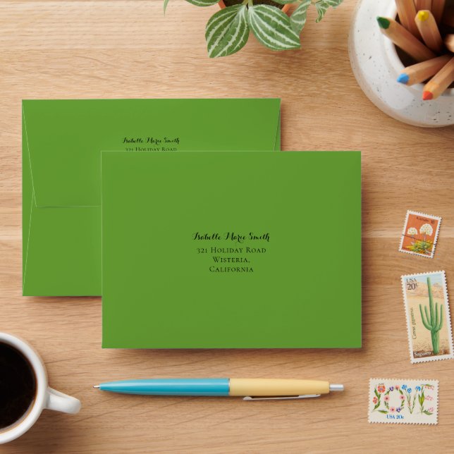 Tropical Green Watercolor Paint Wedding RSVP Envelope (Desk)