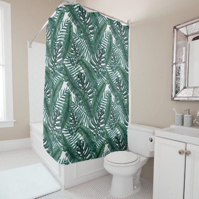 Tropical Green Watercolor Palm Leaves Pattern Shower Curtain (In Situ)