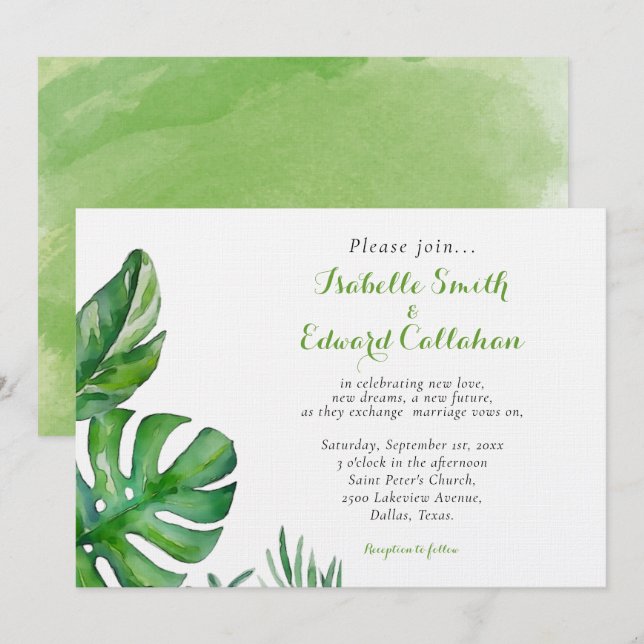 Tropical Green Watercolor Palm Leaves Wedding Invitation (Front/Back)