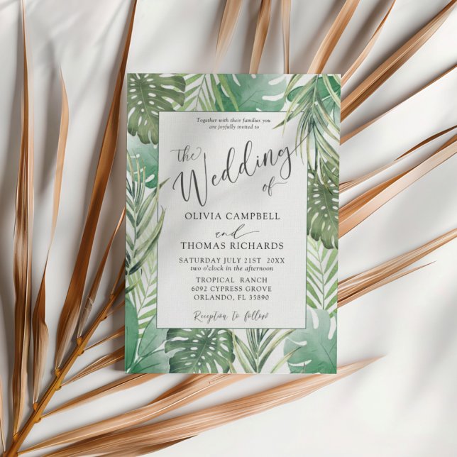 Tropical Green Watercolor Palm Wedding Invitation (Creator Uploaded)