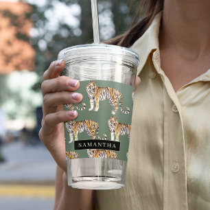 Tropical Green Watercolor Tigers Pattern With Name Acrylic Tumbler