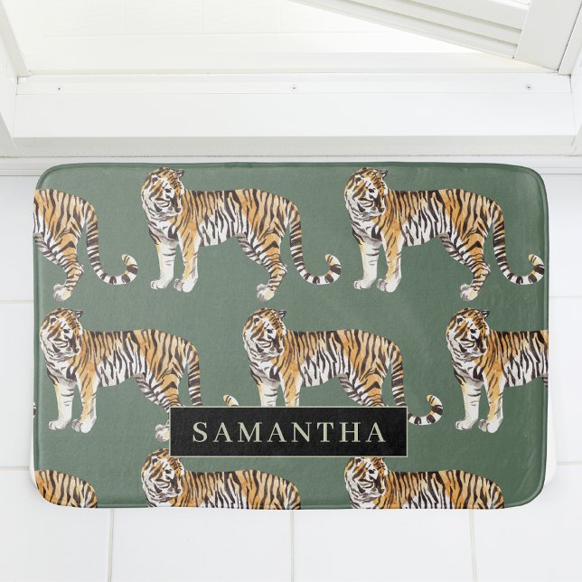 Tropical Green Watercolor Tigers Pattern With Name Bath Mat (Creator Uploaded)