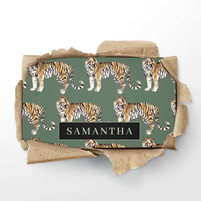 Tropical Green Watercolor Tigers Pattern With Name Business Card (Creator Uploaded)