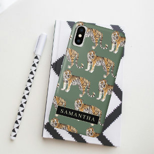 Tropical Green Watercolor Tigers Pattern With Name Case-Mate iPhone Case