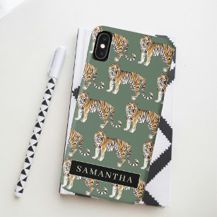 Tropical Green Watercolor Tigers Pattern With Name Case-Mate iPhone Case