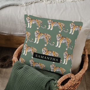 Tropical Green Watercolor Tigers Pattern With Name Cushion