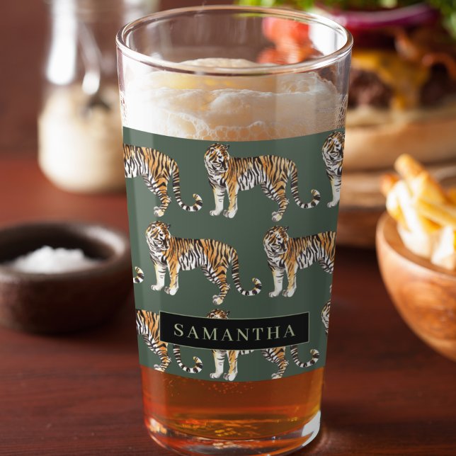 Tropical Green Watercolor Tigers Pattern With Name Glass (Creator Uploaded)