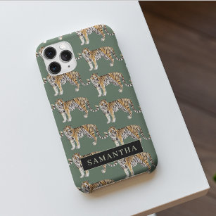 Tropical Green Watercolor Tigers Pattern With Name iPhone 11Pro Max Case