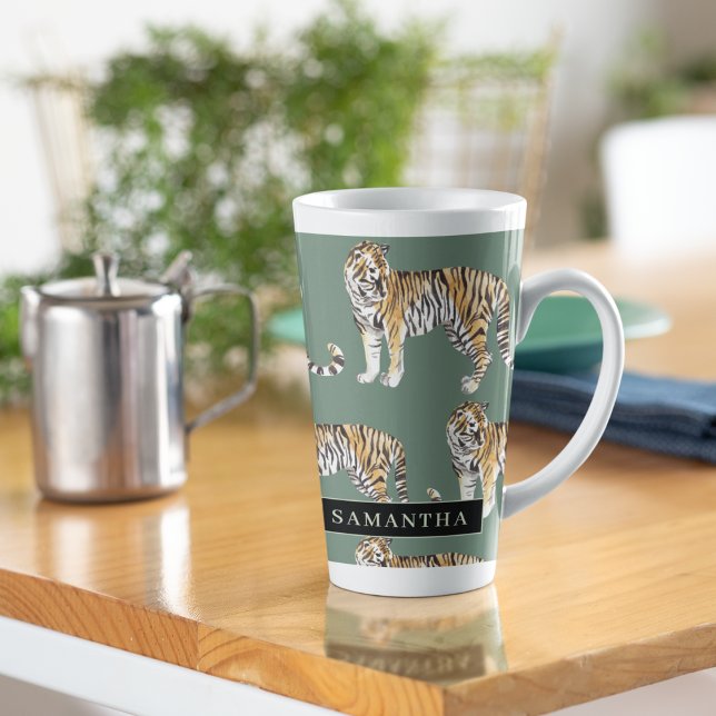Tropical Green Watercolor Tigers Pattern With Name Latte Mug (Creator Uploaded)