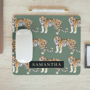 Tropical Green Watercolor Tigers Pattern With Name Mouse Mat