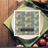 Tropical Green Watercolor Tigers Pattern With Name