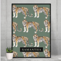 Tropical Green Watercolor Tigers Pattern With Name