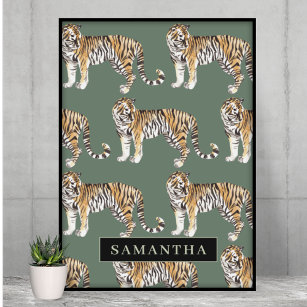 Tropical Green Watercolor Tigers Pattern With Name Poster