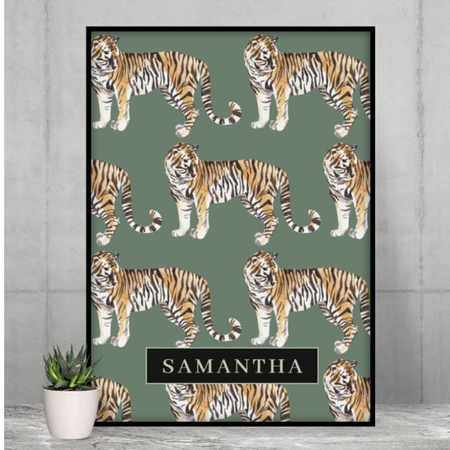 Tropical Green Watercolor Tigers Pattern With Name Poster