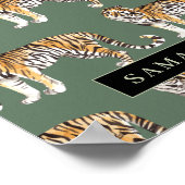Tropical Green Watercolor Tigers Pattern With Name Poster (Corner)