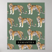 Tropical Green Watercolor Tigers Pattern With Name Poster (Front)